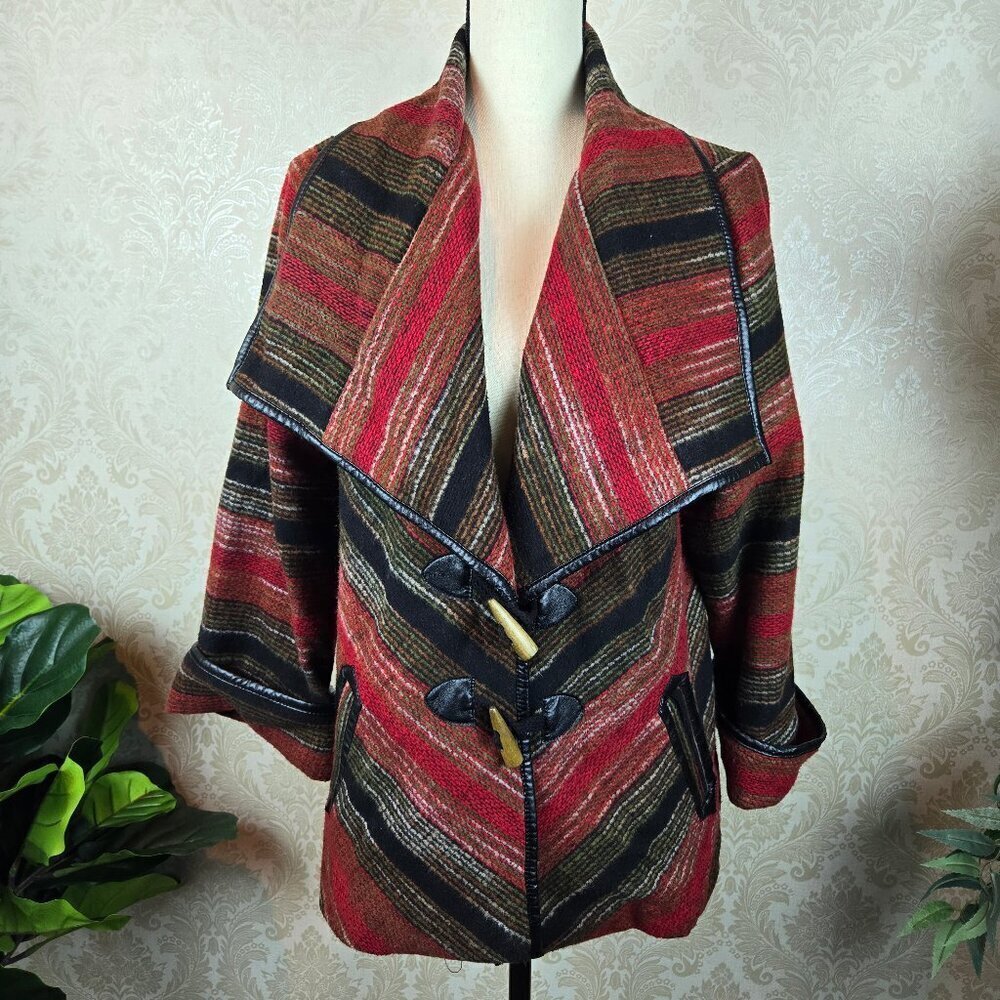 Jolt Sz Large Multi Color Striped Jacket Foldover Lapels Wooden Buttons Wool Bld
